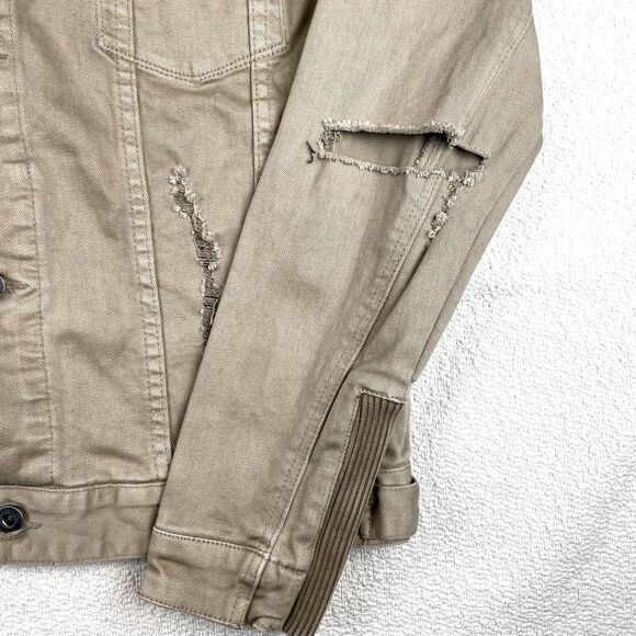 Zanerobe Denim Jacket Mens M Tan Beige Distressed Button Front Zip Pockets NWOT - Picture 8 of 12